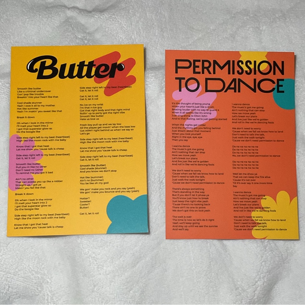 BTS Butter and Permission to Dance lyric cards ( came in the butter cd box)